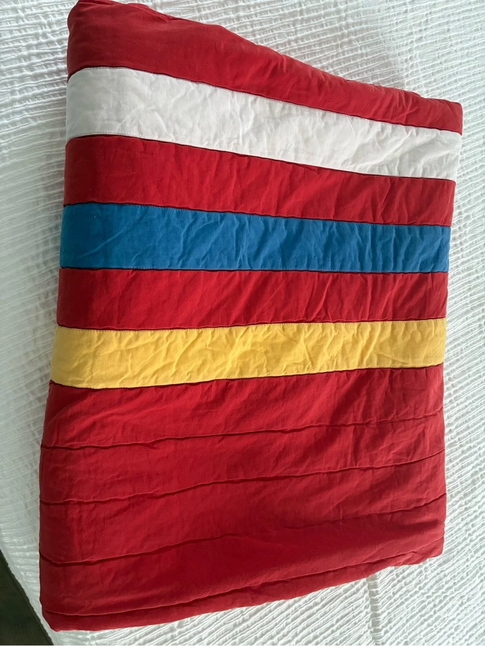 Pottery Barn Kids Red Twin Size Quilt Yellow, Blue and White Stripes